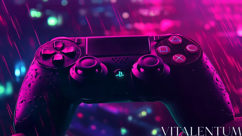 Neon-lit gaming controller in cinematic cyberpunk rain scene.