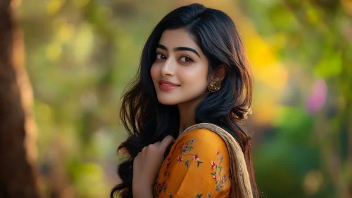 Young woman in floral dress outdoors, soft natural light portrait.