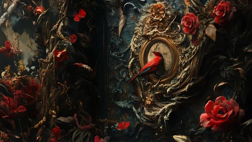 Scarlet bird rests on ornate frame amid dark roses.