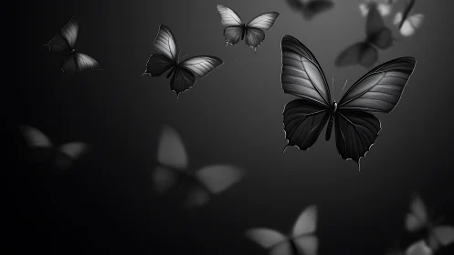 Monochrome butterflies in moody gradient light.