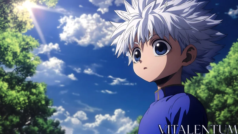 Bright-eyed anime boy gazes toward a calm summer sky