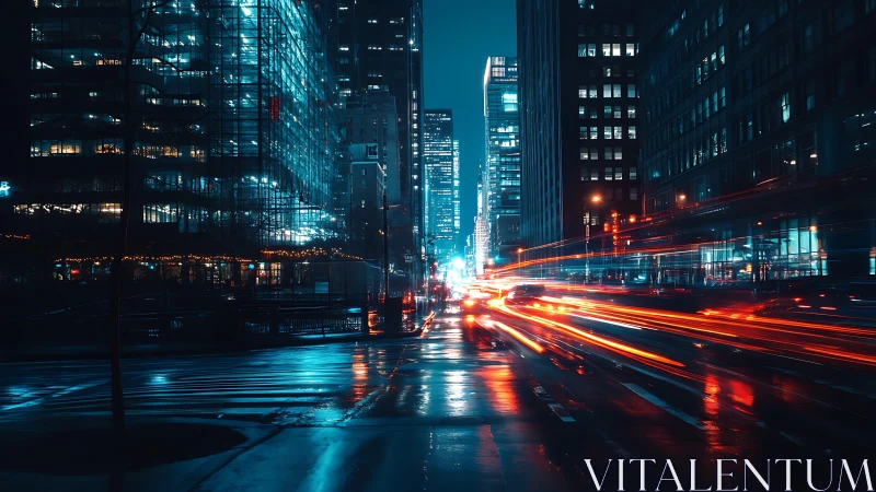 Midnight city streets glowing with blue glass and neon trails.