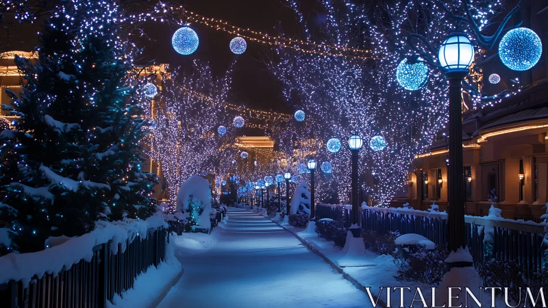 Glowing winter walkway sparkles with soft blue holiday lights