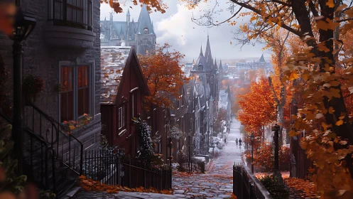Cobblestone hill street descending into misty autumn town.