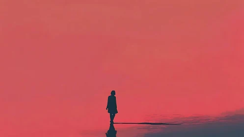 Silhouette of solitary figure against expansive red sky.