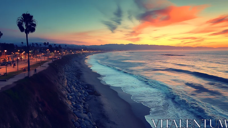 Coastal bluff shoreline under chromatic dusk stratocumulus sky.