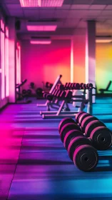 Neon-lit dumbbells line a modern gym floor in vivid color.