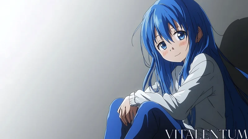 Quiet blue haired girl resting in a soft corner of light.