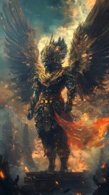 Winged armored avian figure amid flames and clouds.
