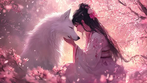 Girl with white wolf in pink cherry blossom landscape at dusk.