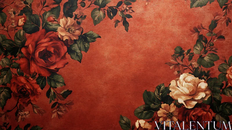 Vintage floral border with red roses on textured background.