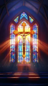 Sunlit stained glass chapel with glowing golden cross.