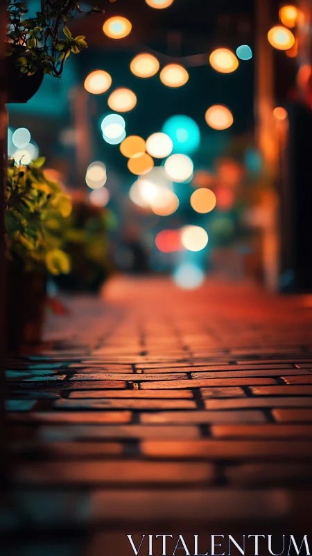 Wet brick alley reflects warm bokeh lights at night