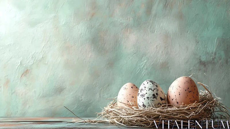 Speckled pastel eggs arranged in straw nest against textured wall