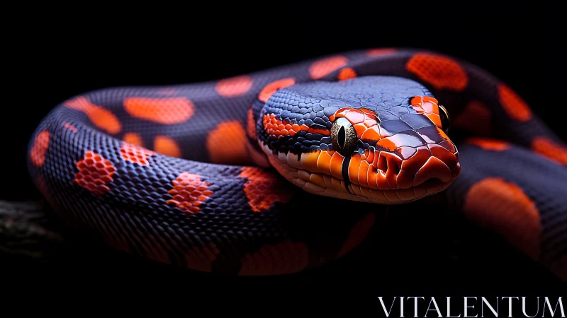 Coiled snake with red and blue patterned scales on black background.