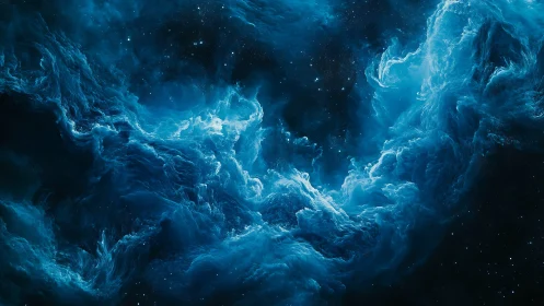 Cosmic blue nebula clouds swirling through deep space.