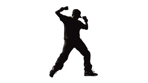 Silhouette shows a dancer frozen mid-jump on white background