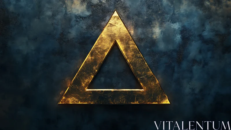 Luminous golden triangle emblem on textured blue field.