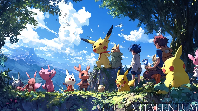 Sunny hillside gathering with Pikachu and young friends.
