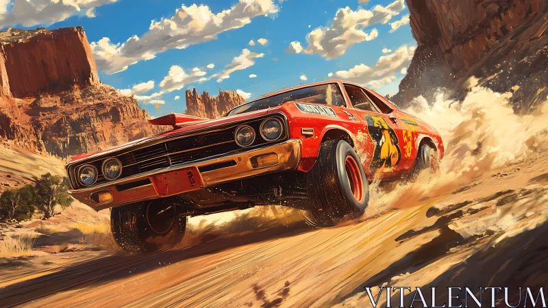 Rally muscle car drifting through sunlit desert canyon dust