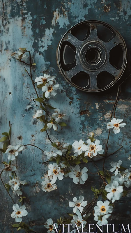 Rusty film reel contrasts with white blossoms on weathered teal wall