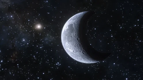 Silver crescent moon drifts softly through a starry night sky