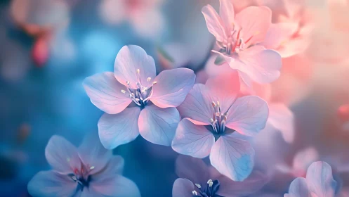 Delicate Pink Blossoms Against Blue Bokeh Background