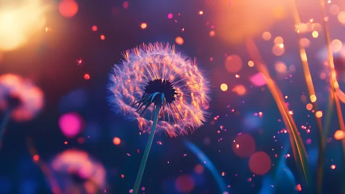 Dreamlit dandelion seeds drifting through neon dusk glow.