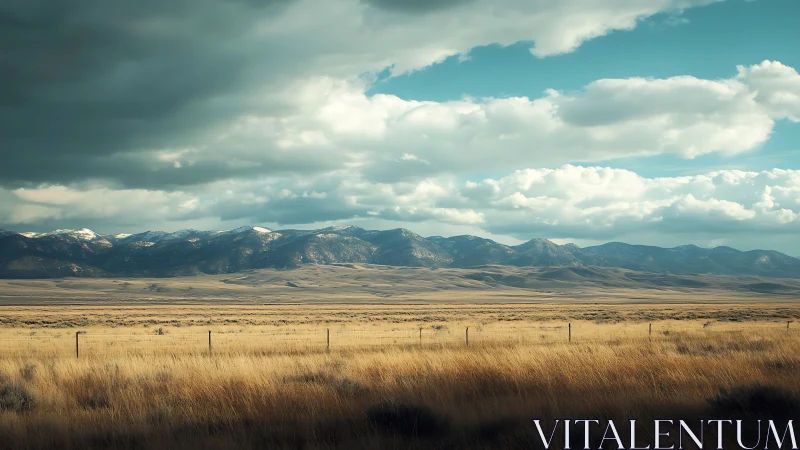 Photorealistic prairie panorama with distant mountain ridge.