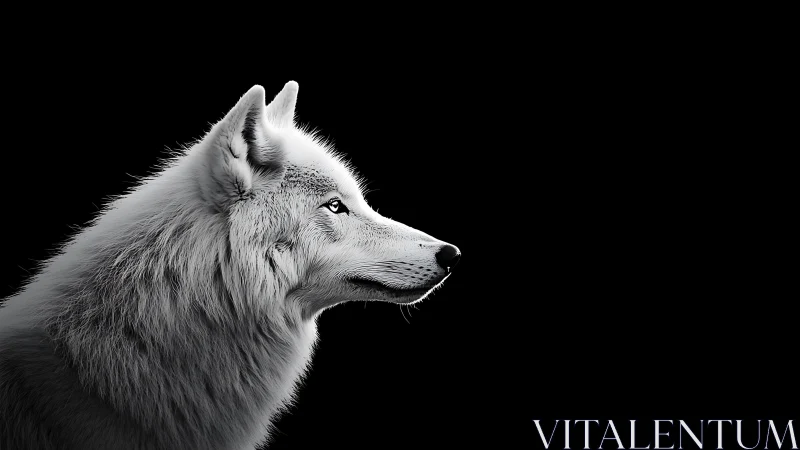 White wolf profile in stark high‑contrast monochrome lighting.