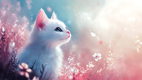 Serene White Kitten Gazing Among Blooming Pink Flowers.