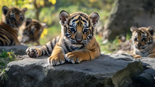 Curious tiger cub lounging on sunlit rock with siblings nearby.