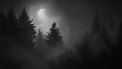 Moonlit pines whisper through a charcoal-swirled fog veil.