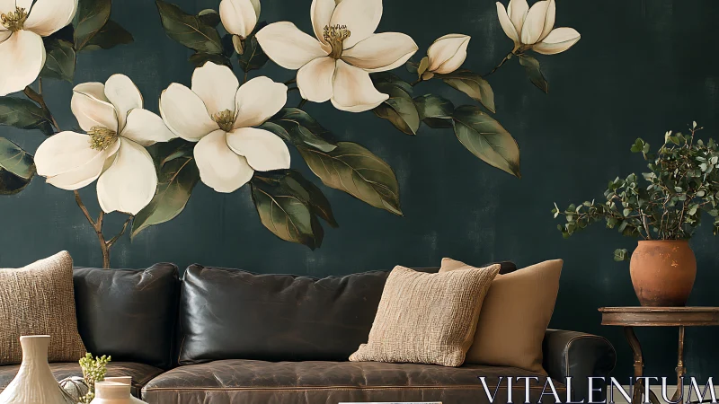 Cozy sofa nook with oversized magnolia flower mural wall art.