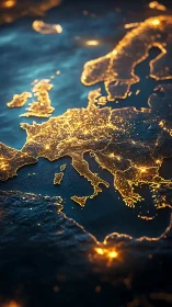 Europe glows at night in a stylized illuminated world map