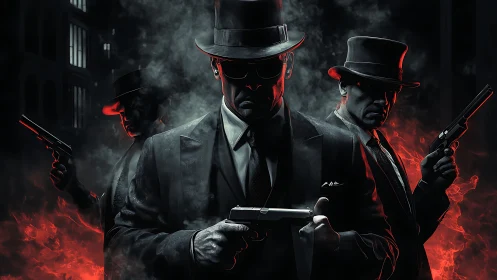 Noir gunmen emerge through red smoke in cinematic chiaroscuro.
