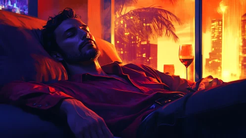 Neon-lit man reclines indoors under high-contrast orange and blue lighting