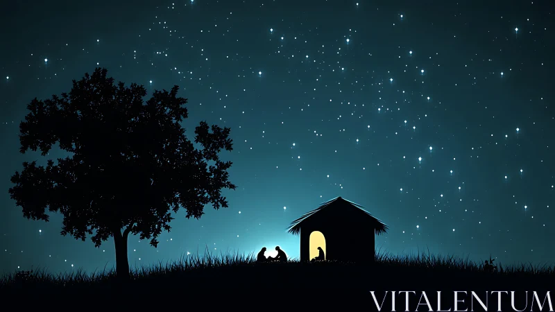 Starlit hillside silhouettes with glowing hut doorway at night.