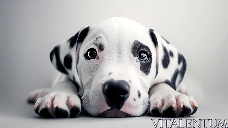 Gentle dalmatian puppy resting with big hopeful eyes.