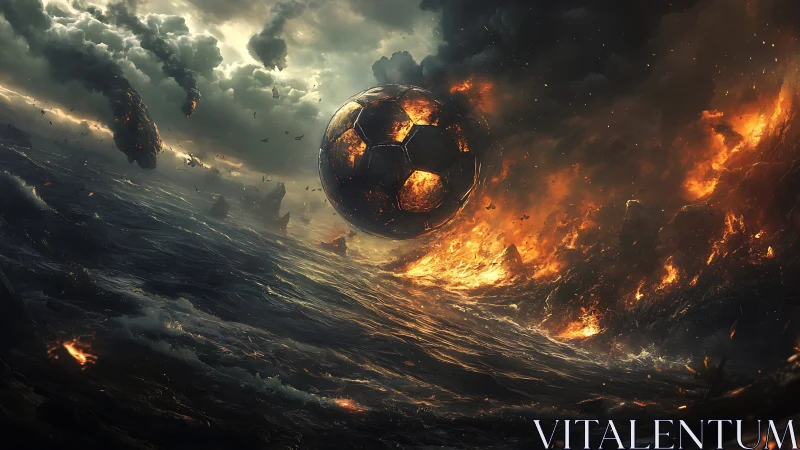 Molten soccer sphere ignites storm-torn ocean horizon.