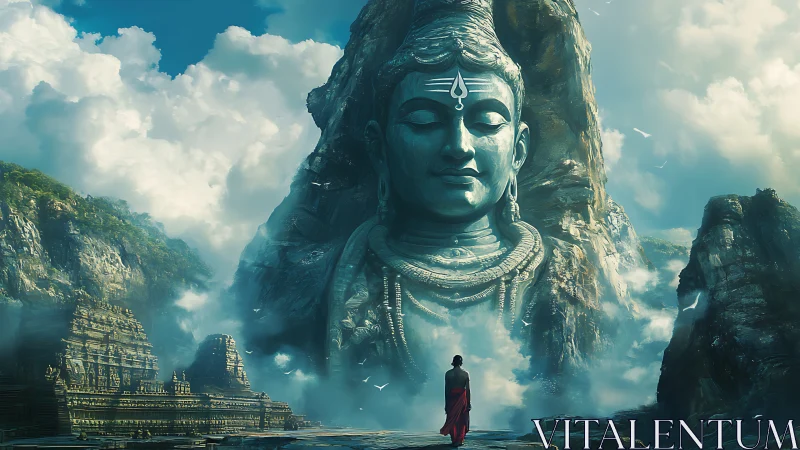 Mountain god in cloud-wreathed valley confronting lone pilgrim.