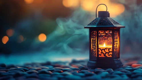Illuminated decorative lantern on pebbled ground with bokeh background
