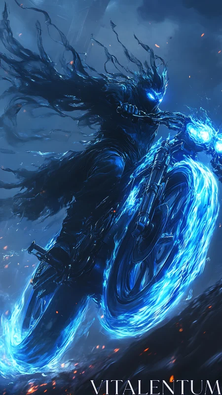 Shadowlike rider on blue energy motorcycle in storm scene.
