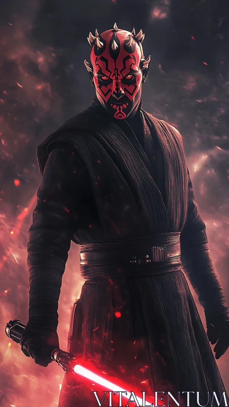 Red masked warrior with horns holding glowing energy weapon.