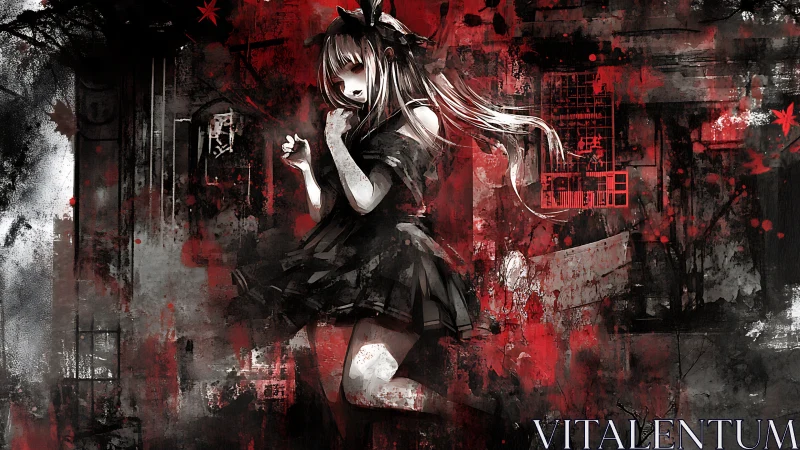 Dark anime girl in red and black grunge urban chaos.