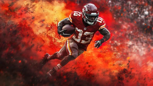 Football player in red uniform sprints through fiery backdrop.