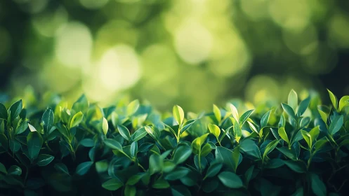 Sunlit hedge leaves glow softly against dreamy green bokeh.
