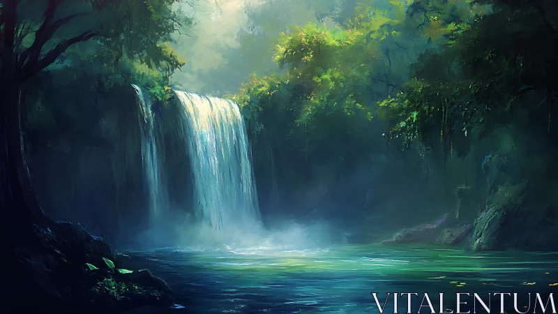 Ethereal Waterfall Sanctuary: Digital Landscape with Luminous Cascade.
