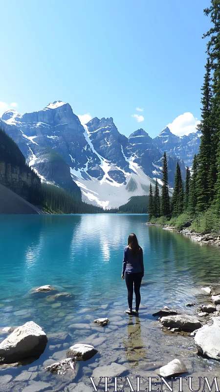 Solo hiker faces turquoise alpine lake and jagged peaks.