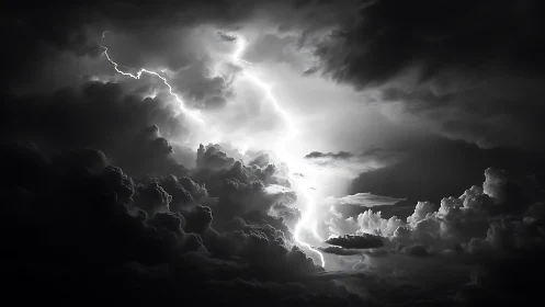 Thunderstorm sky opens in a bright, dramatic lightning strike